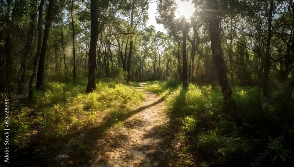 A pathway to the deep nature tropical forest tree under the shade of tree at the daylight sun. Generative AI technology. A pathway to the deep nature tropical forest tree under the shade of tree at the daylight sun. Generative AI technology.