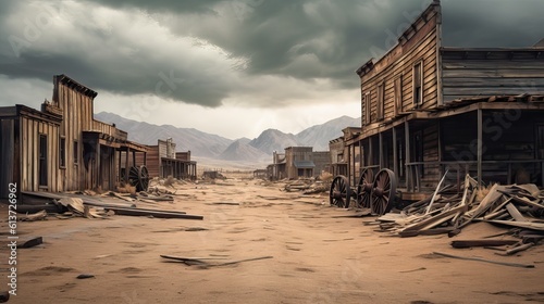 An old ghost town from the wild west era, featuring weathered wooden buildings and dusty dirt streets. Generative AI