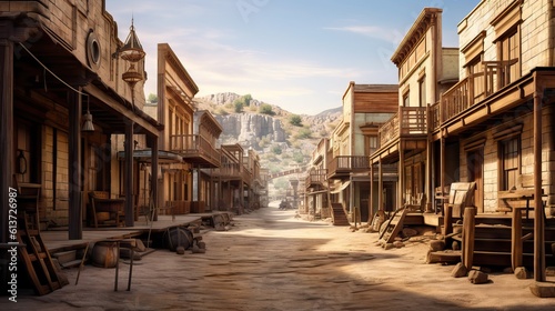 An old ghost town from the wild west era, featuring weathered wooden buildings and dusty dirt streets. Generative AI