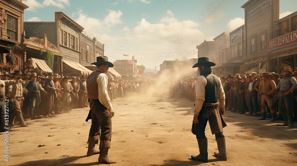 An intense cowboy duel on the main street of a typical western town, echoing tales of law and disorder in the old west. Generative AI - obrazy, fototapety, plakaty 