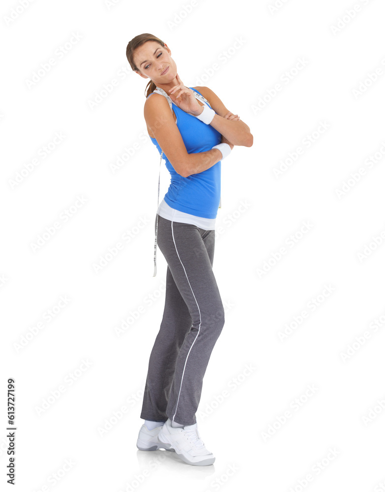 Woman, thinking or tape measure on hip to lose weight isolated on transparent png background. Fitness, weightloss or healthy girl checking over shoulder or measuring body after training or workout