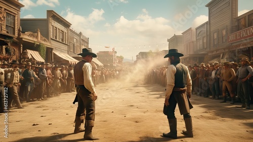An intense cowboy duel on the main street of a typical western town, echoing tales of law and disorder in the old west. Generative AI photo