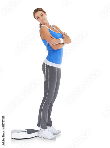 Portrait, upset and woman with fitness, scale and model isolated against a transparent background. Female person, girl and athlete with weight loss, disappointed and unhappy with progress and png © Harsh Shrikant/peopleimages.com