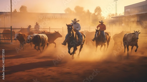 Billede på lærred An action-packed rodeo with brave cowboys participating in thrilling lasso events or daredevil bull riding