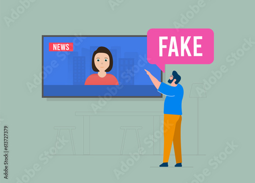 Fight fake news and misinformation. Man exposes false TV news, promoting truth. Vector illustration concept