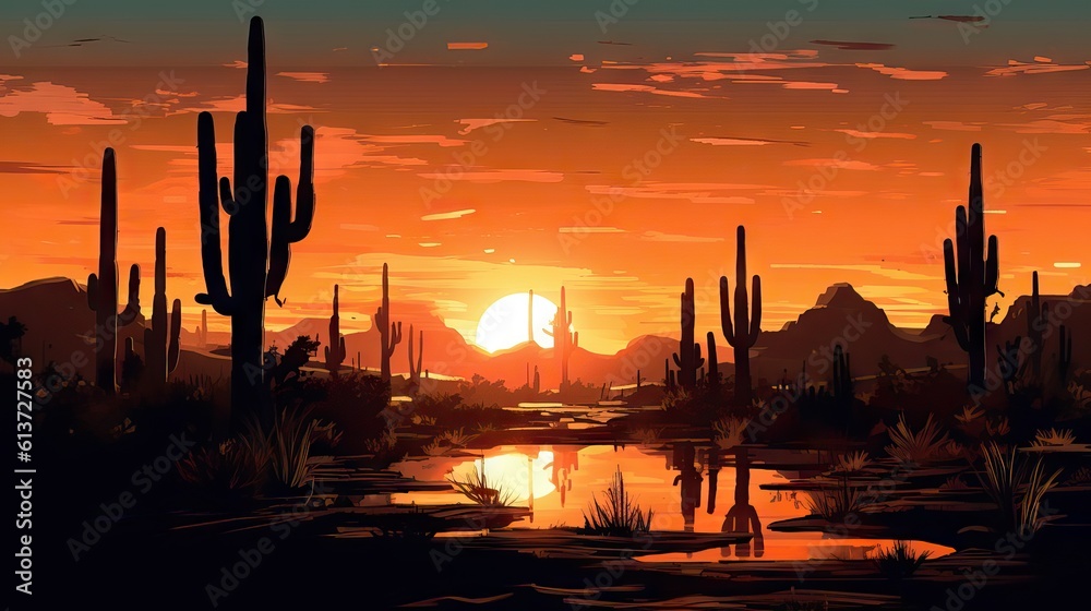 A sunrise or sunset scene featuring the silhouettes of cacti or rocky outcrops typical of the western landscape. Generative AI.