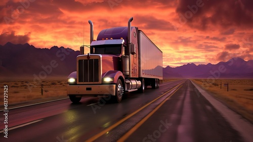 An 18-wheeler truck on the road during the early morning or at dusk, conveying long-haul transport in its essence. Generative AI.