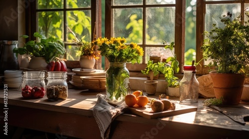 Sunlit Harvest  Embracing Summer s Bounty in a Rustic Kitchen 1. Generative AI