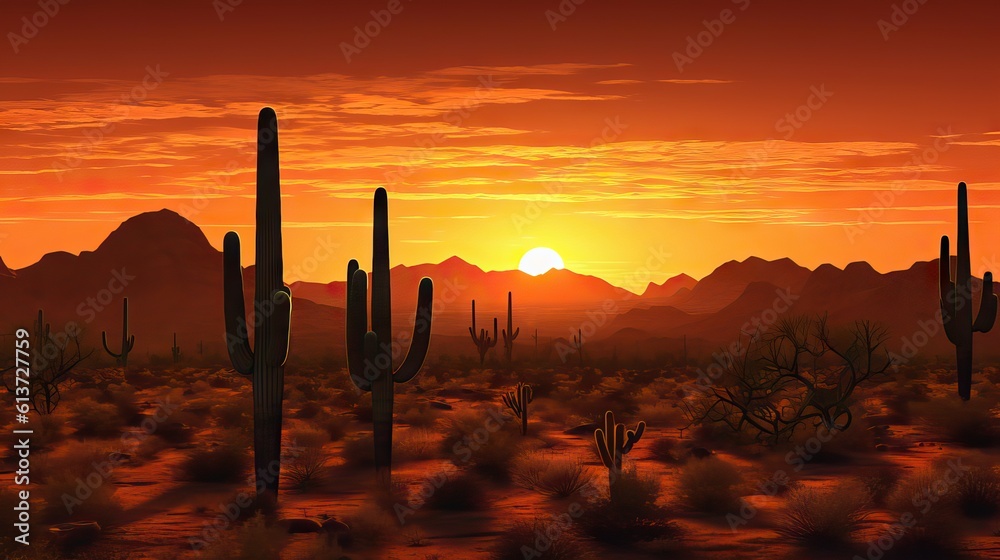 A sunrise or sunset scene featuring the silhouettes of cacti or rocky outcrops typical of the western landscape. Generative AI.