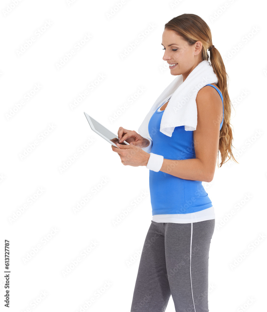 Tablet, fitness and training of happy woman for workout progress, website information or online gym membership. Exercise, health or sports person on digital app isolated on transparent png background Tablet, fitness and training of happy woman for workout progress, website information or online gym membership. Exercise, health or sports person on digital app isolated on transparent png background