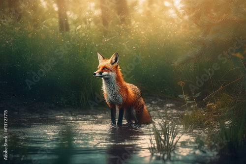 A magical fairy tale forest with a fox. A mythical realm is like something out of a storybook photo