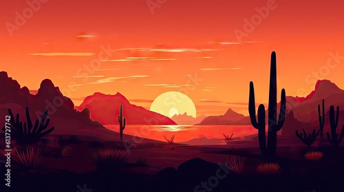 A sunrise or sunset scene featuring the silhouettes of cacti or rocky outcrops typical of the western landscape. Generative AI.