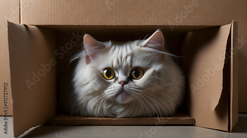 A funny cat investigates a cardboard box, its eyes full of curiosity. Generative AI