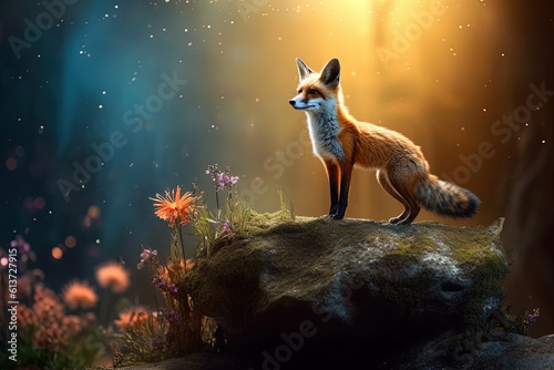 A magical fairy tale forest with a fox. A mythical realm is like something out of a storybook photo