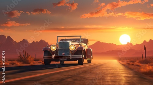 A vintage car cruising on an open road with the sun setting on the horizon, creating a nostalgic and liberating feeling. Generative AI. © Sebastián Hernández