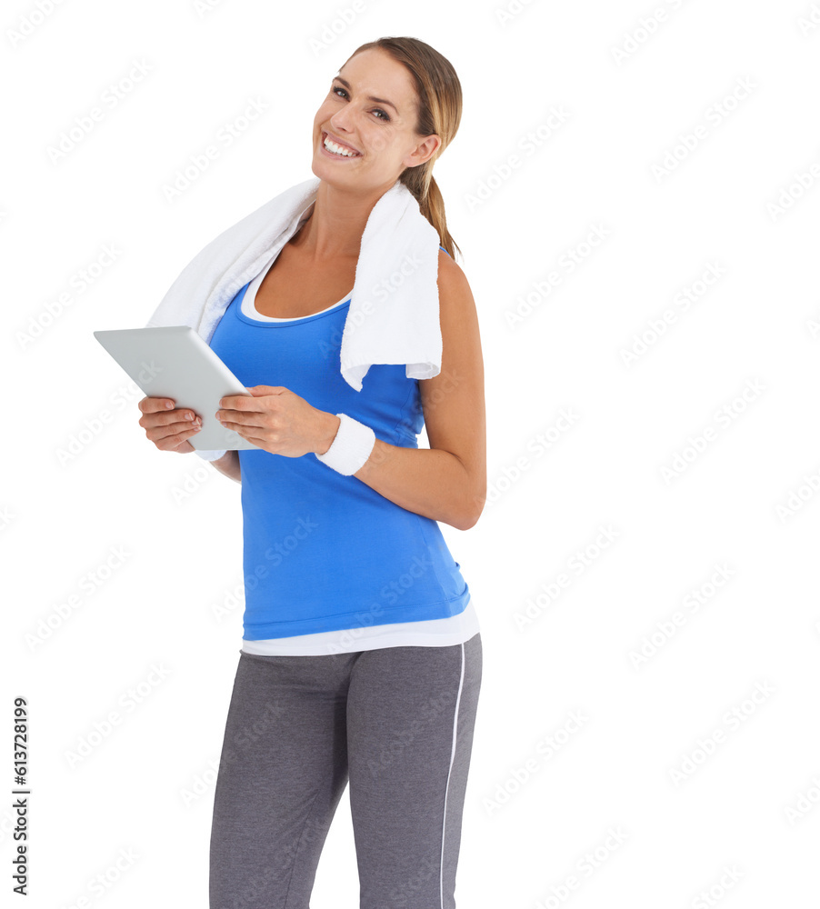 Tablet, fitness portrait and happy woman for health progress, gym blog and exercise tips or research online. Exercise, workout or sports person on digital tech isolated on transparent png background Tablet, fitness portrait and happy woman for health progress, gym blog and exercise tips or research online. Exercise, workout or sports person on digital tech isolated on transparent png background