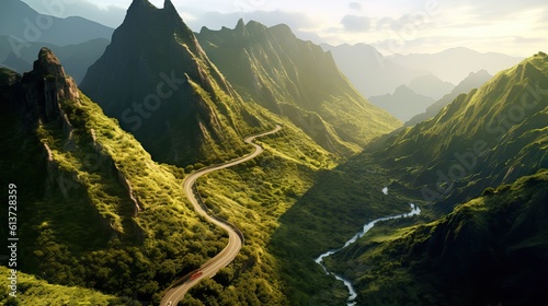 Obraz na płótnie An awe-inspiring aerial view of a winding road cutting through mountains or a coastal landscape, depicting nature's grandeur