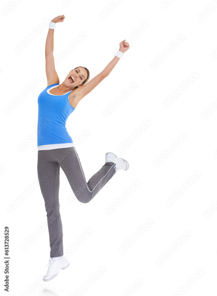 Portrait, jump and woman success, fitness celebration and yes for lose weight, training results and winning. Celebrate, excited and person, sports or body goals isolated on transparent png background