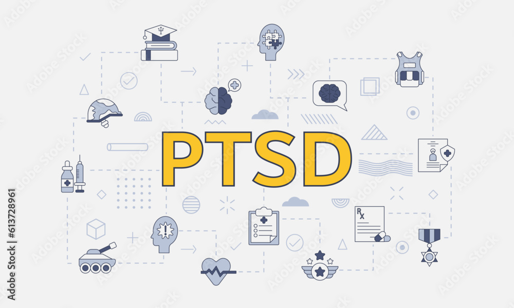 ptsd military trauma stress concept with icon set with big word or text on center ptsd military trauma stress concept with icon set with big word or text on center