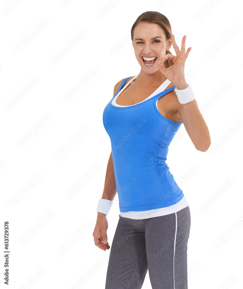 Okay, sign and woman in fitness portrait for success, winning and like for health progress, winning and lose wight. Workout, exercise and person with yes emoji isolated on transparent png background Okay, sign and woman in fitness portrait for success, winning and like for health progress, winning and lose wight. Workout, exercise and person with yes emoji isolated on transparent png background