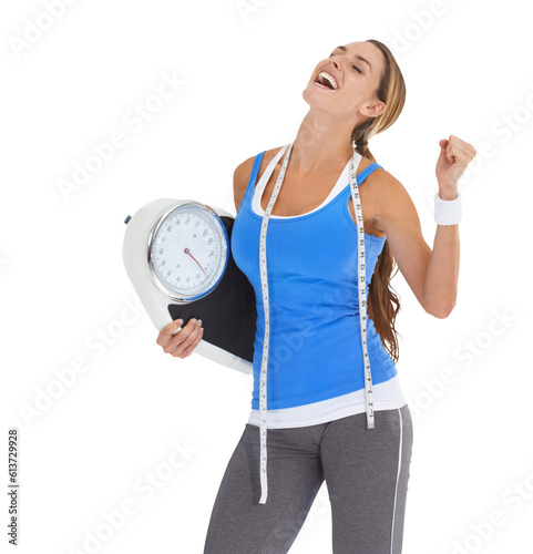 Картината върху платно Isolated woman, scale and measuring tape with celebration to lose weight by transparent png background