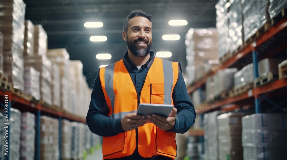 Manager adding stock inventory data in digital tablet in warehouse wearing a white hardhat and safety vest. Generative AI Manager adding stock inventory data in digital tablet in warehouse wearing a white hardhat and safety vest. Generative AI