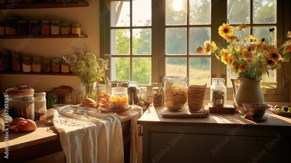 Golden Serenity: Embracing Nature's Bounty in a Rustic Farmhouse Kitchen 1. Generative AI