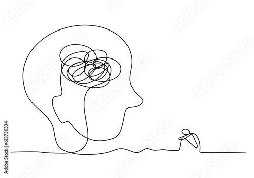 Continuous line art of a person with stress and anxiety, lineart vector illustration.