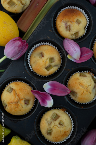lemon rhubarb muffins with tulips