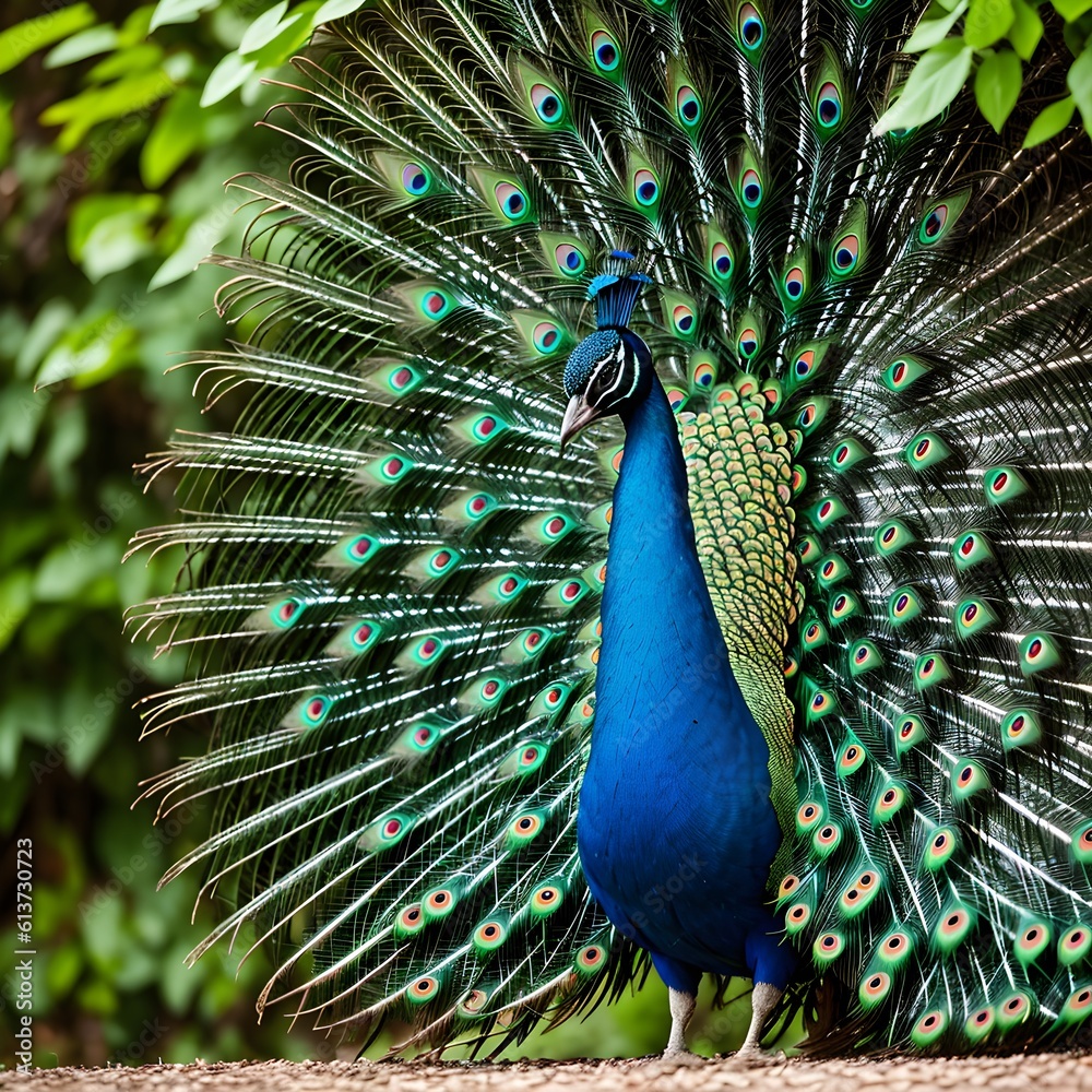 Naklejka premium peacock with feathers beautifully spread open.