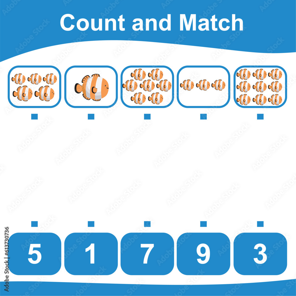 Count together the clownfish and match with the number. Count the sea life and match with numbers. Count and match math worksheet. Math game for children. Vector illustration file. Count together the clownfish and match with the number. Count the sea life and match with numbers. Count and match math worksheet. Math game for children. Vector illustration file.
