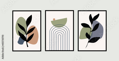Set of 3 Botanical contemporary mid century posters with geometric shapes. Design for wallpaper, background, wall decor, cover, print, card, branding. Modern boho minimalist art. Vector illustration.