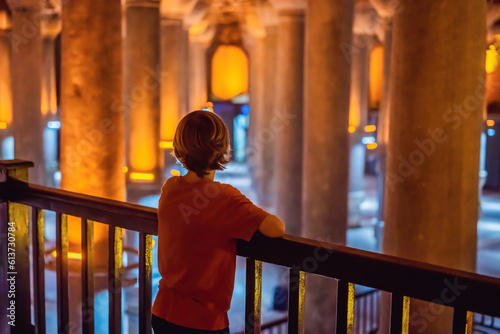 Photography boy tourist enjoying Beautiful cistern in Istanbul