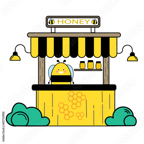 Cute vector illustration of a cartoon bee standing at a honey stand with jars. The stand has a cheerful yellow and black theme, with decorative elements like honeycombs and lamps.