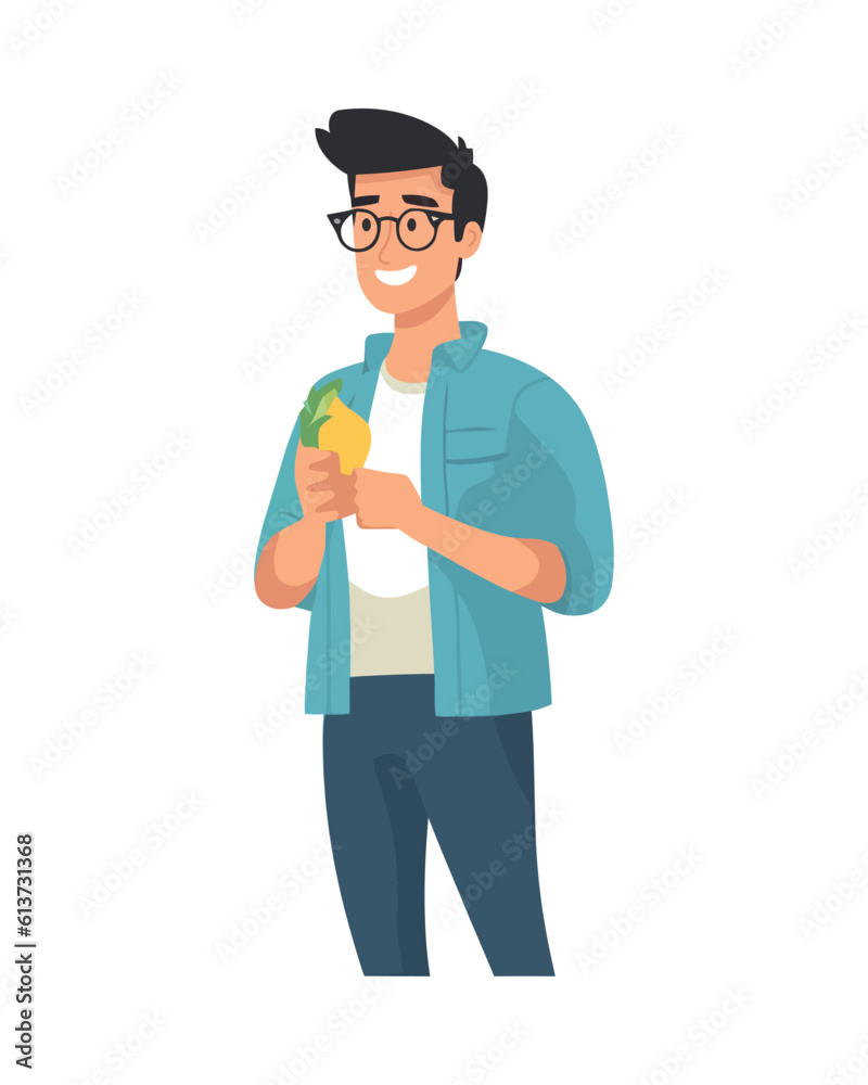 Smiling man holding lemon, standing isolated flat Smiling man holding lemon, standing isolated flat