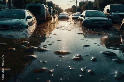 Cars submerged in flood water. Generative ai