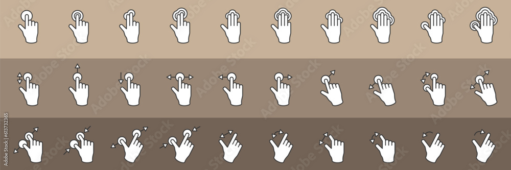 Hand gesture icon set of various shapesIncluded icons as fingers interaction, pinky swear, forefinger point, greeting, pinch, hand washing and more. Vector illustration