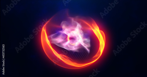 Orange energy sphere with glowing bright particles  atom with electrons and elektric magic field scientific futuristic hi-tech abstract background