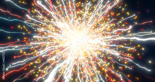 Abstract glowing energy explosion fiery whirlwind fireworks from lines and magic particles abstract background