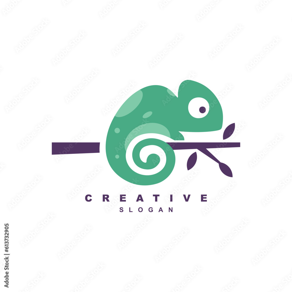 Green chameleon on tree branch logo design for your brand or business Green chameleon on tree branch logo design for your brand or business