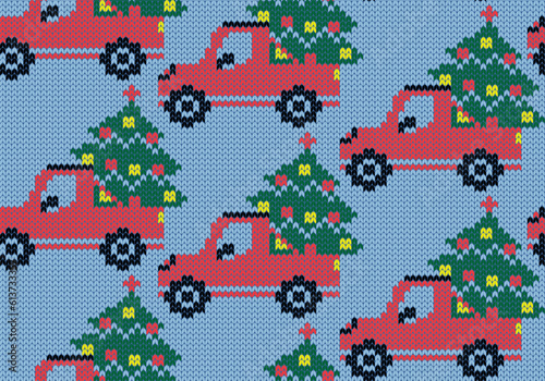 Knitting car red off-road vehicle with Christmas tree. Seamless pattern. Vector illustration.