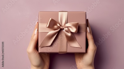 Female hands holding a gift box with a bow on a pink background, Generative AI
