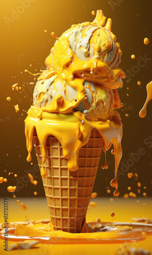 Sweet Melting Delight: Capturing the Irresistible Melting Ice Cream Cone - Indulge in a mouthwatering treat as you witness the delightful sight of a melting ice cream cone