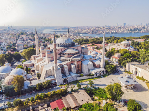 Sunny day architecture and Hagia Sophia Museum, in Eminonu, istanbul, Turkey. Turkiye. Dron photography