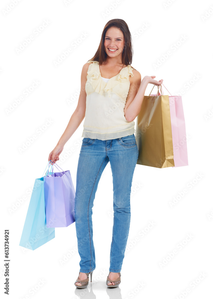 Shopping bags, portrait and happy woman with fashion isolated on a transparent png background. Smile, sales deal and customer with shop discount, gift or present from retail, mall and store promotion Shopping bags, portrait and happy woman with fashion isolated on a transparent png background. Smile, sales deal and customer with shop discount, gift or present from retail, mall and store promotion