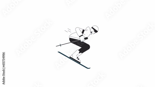 Wallpaper Mural Skier jumping bw animation. Animated isolated 2D athlete with poles on skis. Cartoon monochrome flat line character 4K video footage, white background, alpha channel transparency for web design Torontodigital.ca