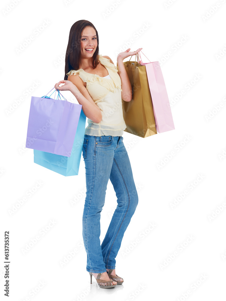 Shopping bags, portrait and happy woman with fashion isolated on a transparent png background. Smile, sales deal and customer with shop discount, gift or present from retail, store or mall promotion. Shopping bags, portrait and happy woman with fashion isolated on a transparent png background. Smile, sales deal and customer with shop discount, gift or present from retail, store or mall promotion.