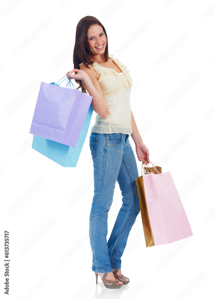 Portrait, shopping bag and happy woman with fashion isolated on a transparent png background. Smile, sales deal and customer with shop discount, gift or present from retail, store or mall promotion. Portrait, shopping bag and happy woman with fashion isolated on a transparent png background. Smile, sales deal and customer with shop discount, gift or present from retail, store or mall promotion.