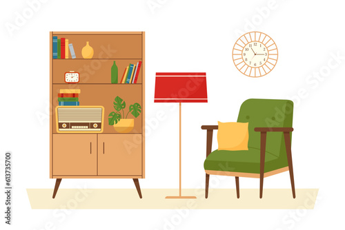 Retro living room interior with wardrobe and armchair. Vintage furniture set in 60s style. Flat vector illustration.
