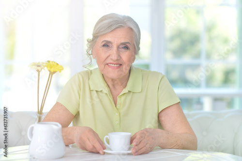 Portrait of beautiful old woman with cup of tea at home © aletia2011